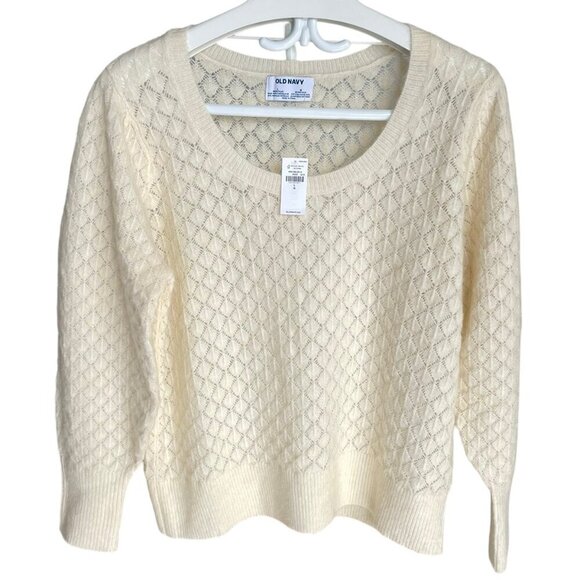 NWT OLD NAVY Wool Blend Cream Pointelle Sweater Ballon Sleeves Scoop Neck Large - Picture 1 of 11